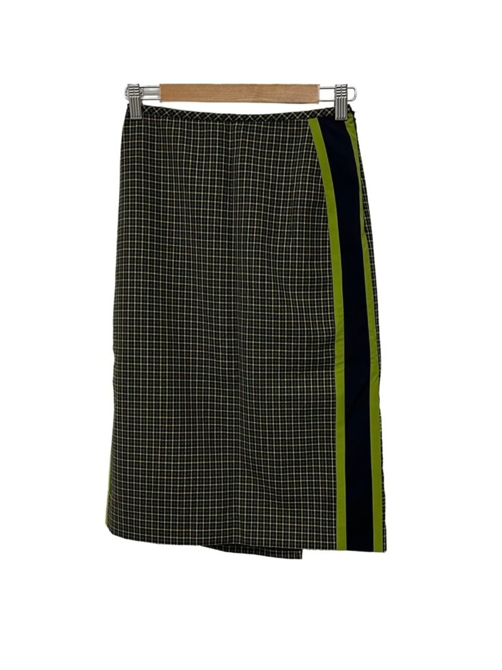 Prada Skirt S Gray Yellow Multi Knee-Length Plaid Pattern